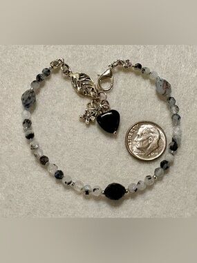 Moonstone with black tourmaline Faceted Bead Bracelet with Heart Charm. 8 inch